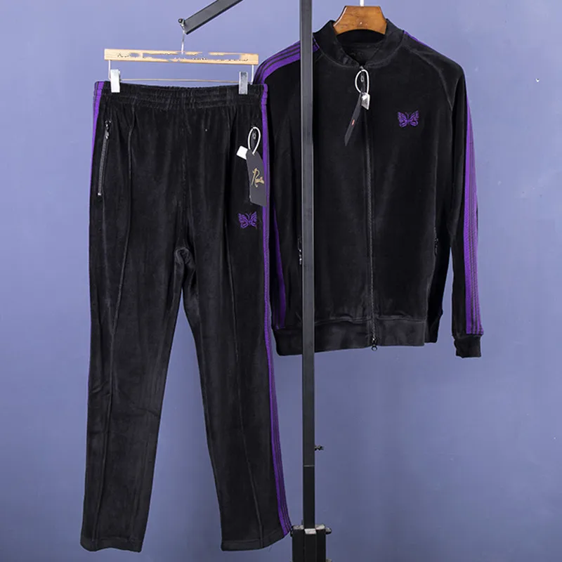 

Purple Ribbon Velvet Needles Zipper Tracksuit Jacket AWGE Embroidery Butterfly Couple Set Sweatpants