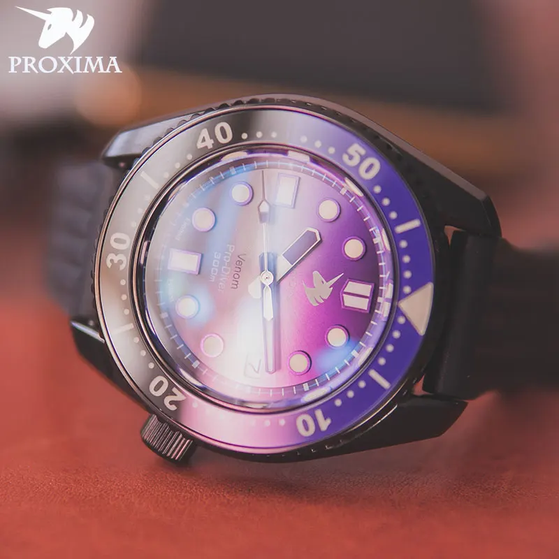 

Proxima Purple Dial Diver Mens Watch Sapphire Glass NH35 Movement Automatic Mechanical Watches Bracelet Date 30Bar C3 Lume Watch