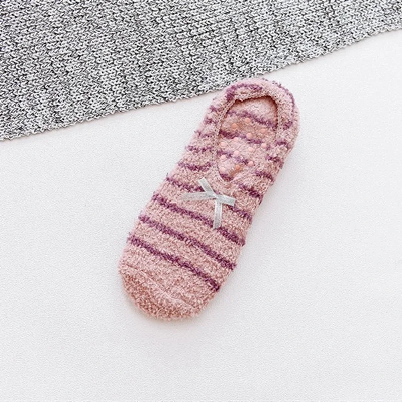 

Cute Coral Fleece Socks Stripe with Bow Home Sleeping Warm Soft Anti-Skid Plush Slipper Socks Fluffy Microfiber Thick Gift