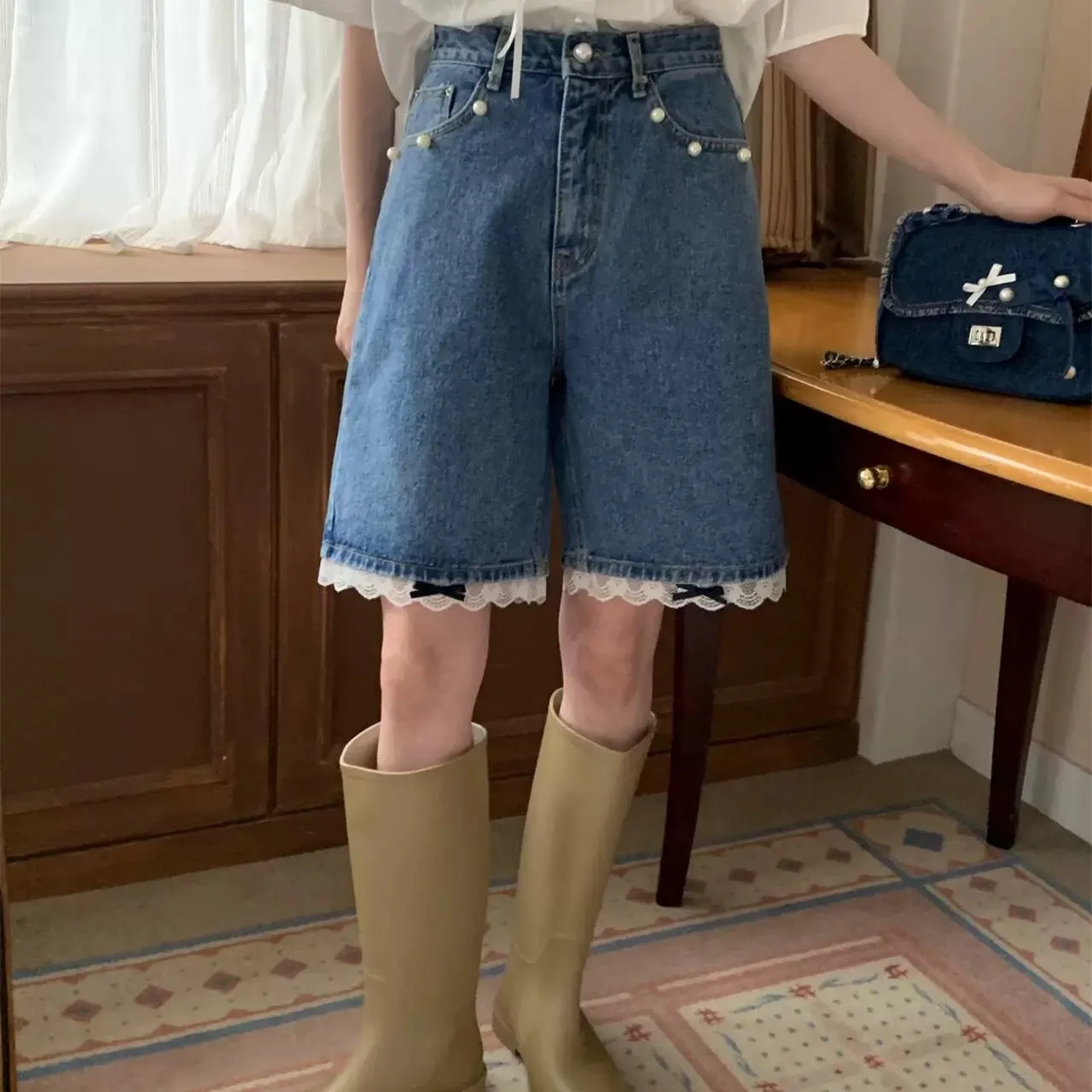 ZHISILAO новые кружевные лоскутные джинсы до колен женские летние винтажные прямые