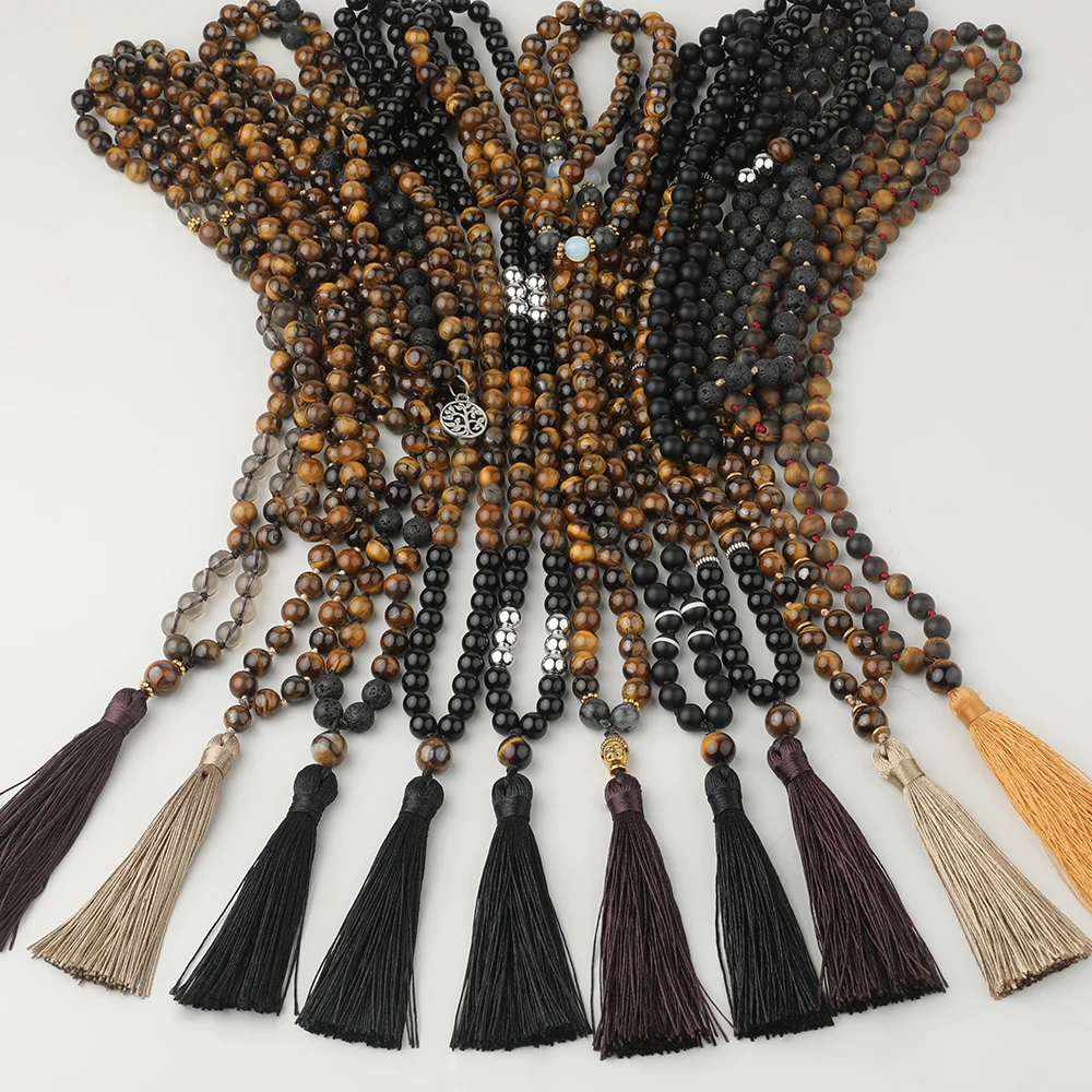 

OAIITE 10 шт. желтый тигровый глаз черный оникс ожерелье Japamala ожерелье натуральный драгоценный камень ожерелья медитация дух ювелирные изделия...