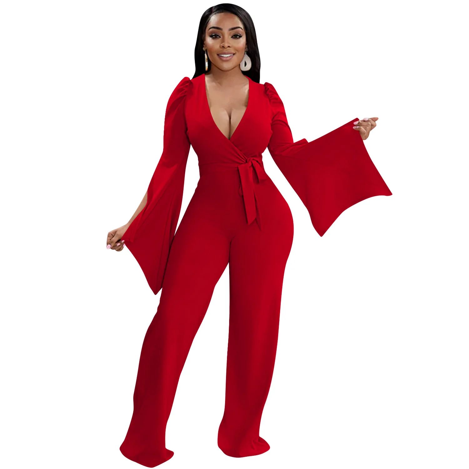 Casaul Women Jumpsuit Deep V-neck Flare Sleeve Solid Color Sportwear Playsuit Long Romper Women Jumpsuit Overalls