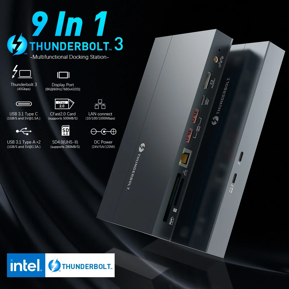 Фото Rocketek 9 в 1 USB C Hub Cfast 2.0 SD4.0 Card Reader 8K Дисплей Универсальная док-станция USB 3.1 3 док-станции №1