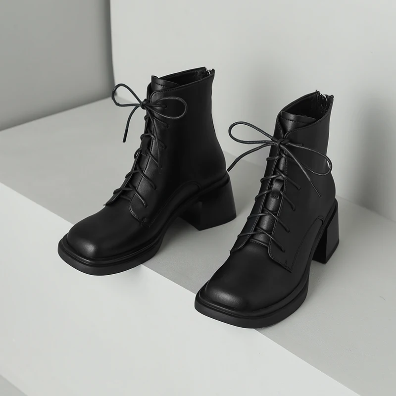 MythLuo Ankle Boots For Women Chunky Heels Boots Genuine Leather Square Toe Lace Up Thick Sole Ladies Casual Pumps Shoes