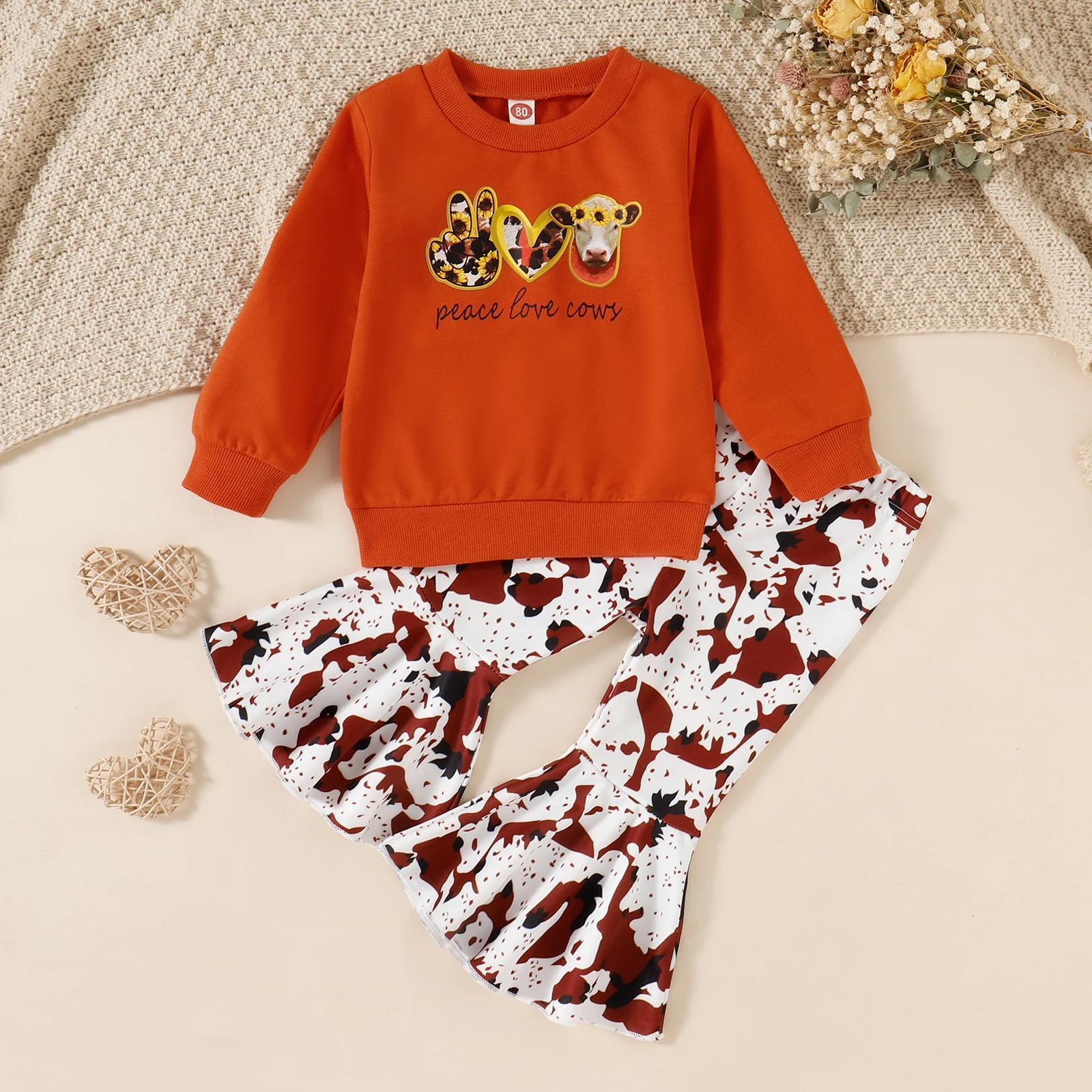 

TR New Autumn Kids Toddler Girl 2Pcs Fall Outfits Long Sleeve Pullover Tops and Cow Print Flare Pants Set