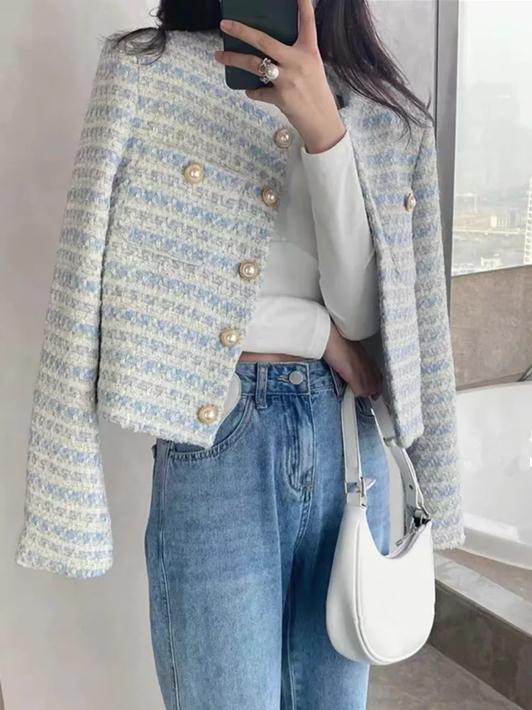 

Pearl Button Small Fragrant Runway Style Tweed Coat For Women's Spring And Autumn New French Design Short Temperament Woolen Top