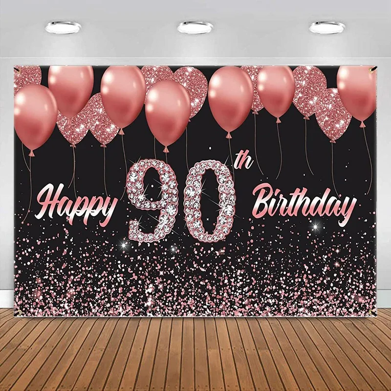 

Happy 90th Birthday Decorations Backdrop for Women men Rose Gold balloon Cheers Banner Party Supplies Photography Background