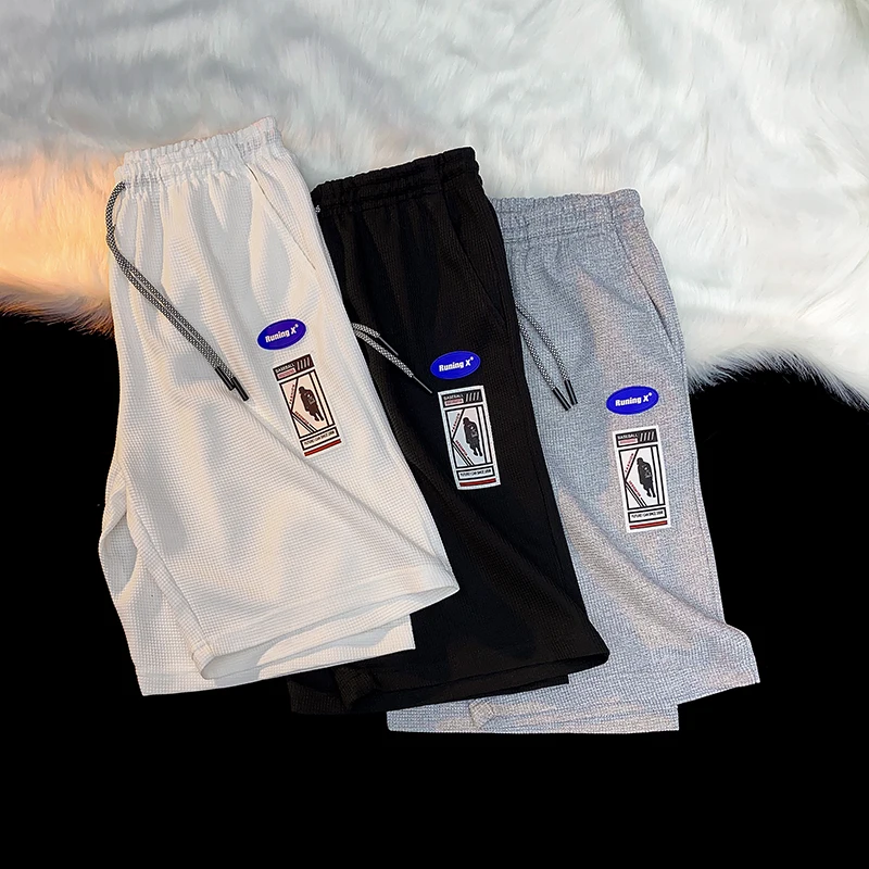 

EOENKKY/Summer Waffle Designer Brand Printing Men Shorts Casual Oversized Korean Female Short Trousers Kawaii Sport Pants