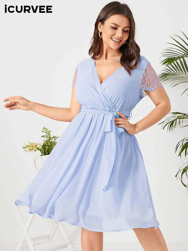 ICURVEE Elegant Mini Dress Summer Plus Size Short Sleeve Lace Chiffon Bohemian Sundress 2023 Sexy V Neck Casual Party Beach Robe