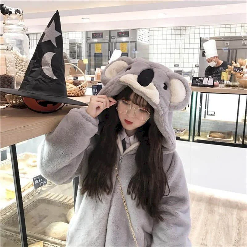 Women 2023 Student Thickened Furry Coats Autumn Winter New Japanese Soft Girl Cute Koala Ear Hooded Jackets Plush Jacket Female