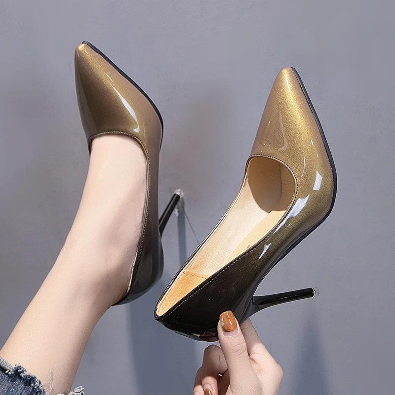 New Nude Pumps for Women High Heel Shoes Female Fashion Patent Leather Sexy Pointed Toe Thin Heel Wedding Shoes Plus Size 33-43