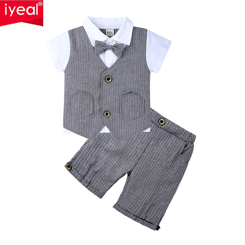 

IYEAL Infant Boy British Gentlemen Clothing Suit Short Sleeve Shirt with Vest Fake Two Pieces + Shorts+Bow tie Baby Formal Set