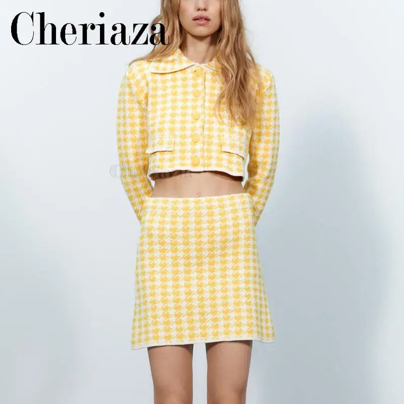 

2022Spring Women Leisure Sweet Yellow Houndstooth Knitting Outerwear Long Sleeves Button Navel Short Top Lattice Skirt Suit