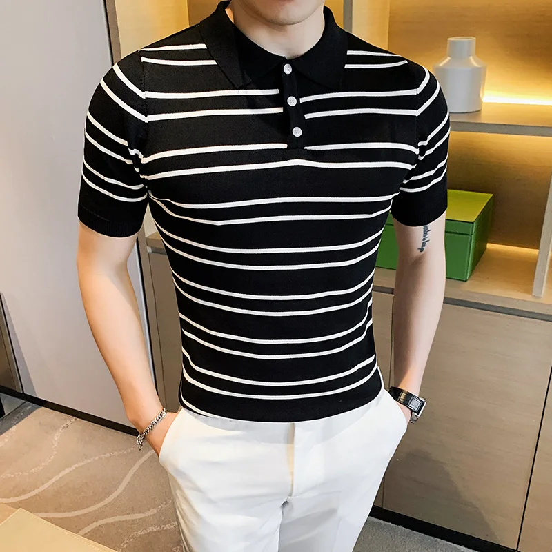 

2022Summer Striped Knit POLO Shirt Men Short Sleeve Lapel Tee Tops High Quality Casual Slim Fit Business Social Polos Streetwear
