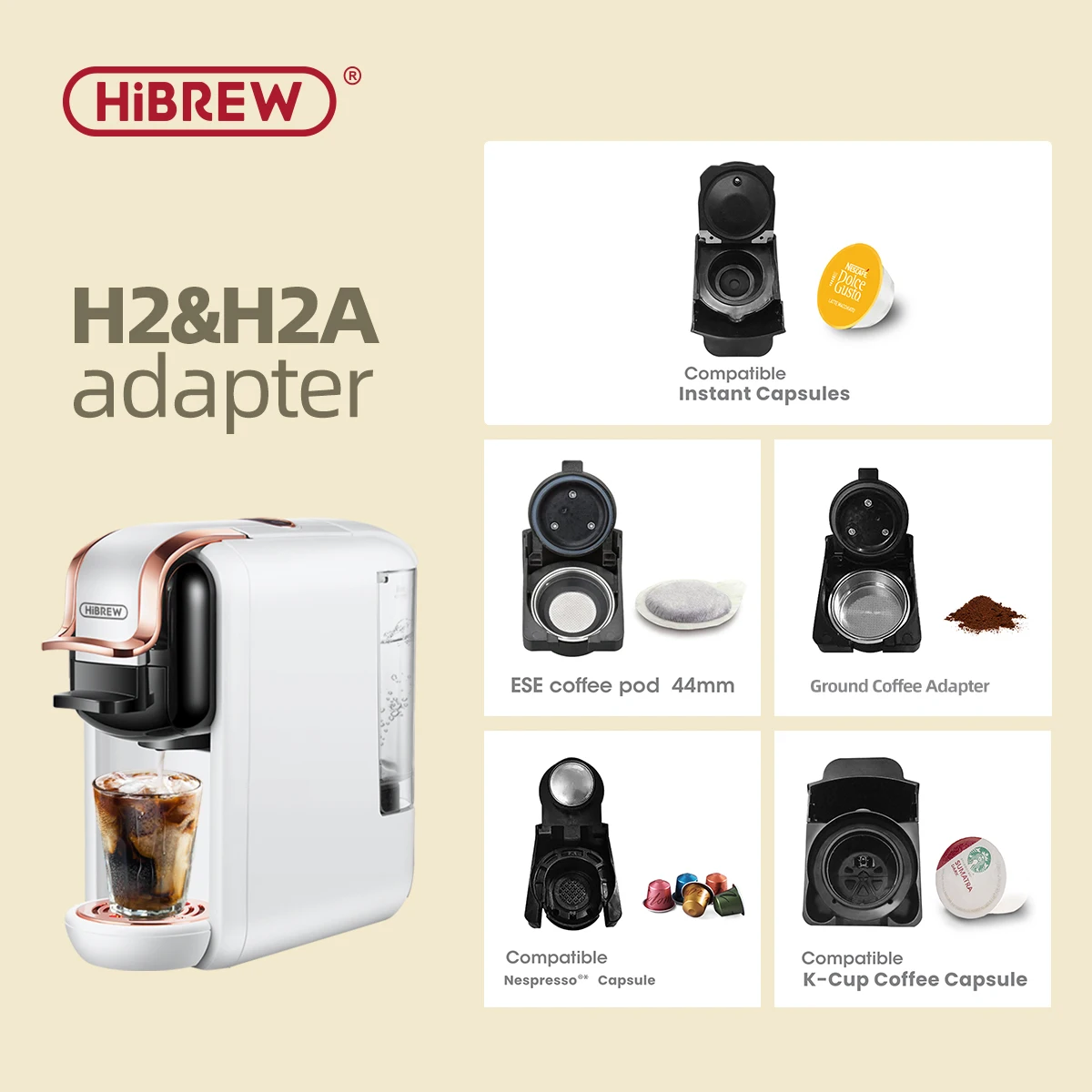 HiBREW H2&H2A adapter system parts for Nespresso or Dolce Gusto or Ground Coffee or ESE pod or Caffitaly