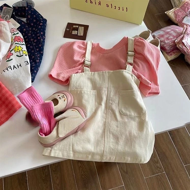 

Girls Dress Summer New Suspender Vest Skirt 2022 Solid Color Round Neck Versatile Little Girls A-line Skirt Knee-Length Dress