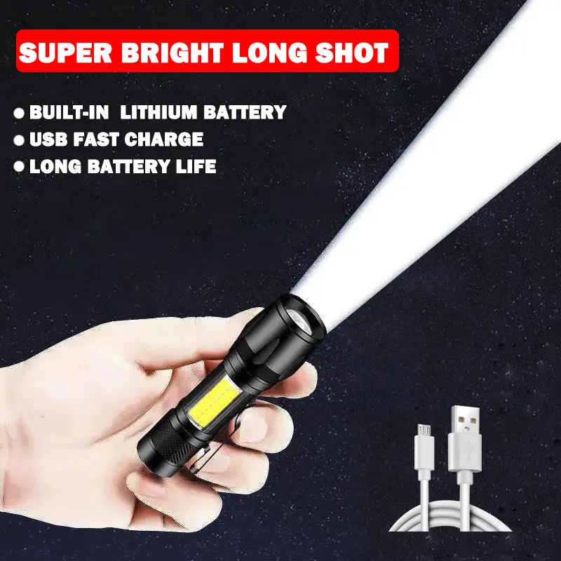 

MINI Built In Battery Q5 Portable Mini Led Flashlight Zoom Torch COB Lamp 2000 Lumens Adjustable Penlight Waterproof for Outdoor