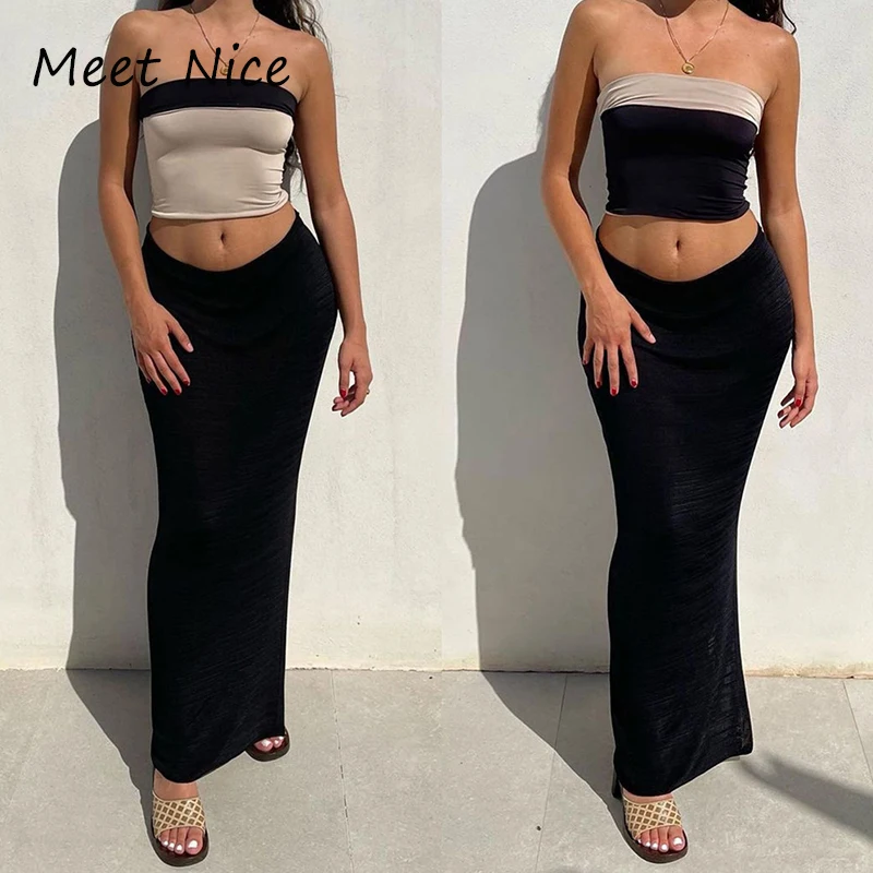 

2 Two Piece Set Sexy Strapless Bodycon Dress Suit Crop Top And Long Slit Skirt Set Beach Party Club Women Outfits