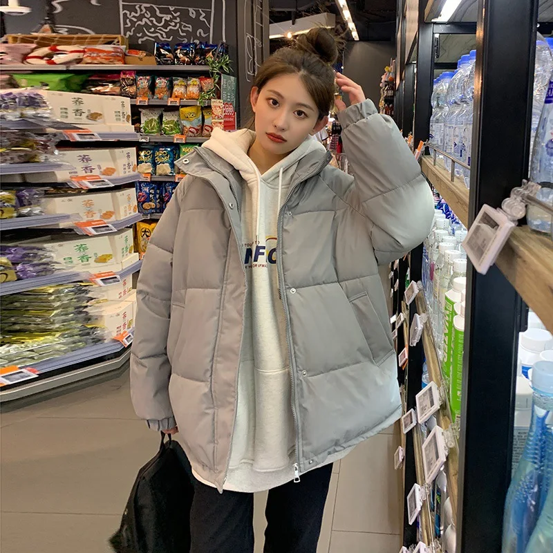 Women Turn Collar Simple Solid Casual Thick Bread Coat Down Jackets Female 2021 New Students Winter Korean Jacket Loose Overcoat