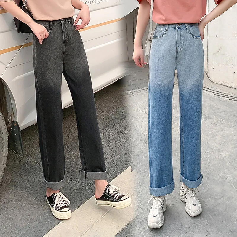 

High Waist Gradient Button Jeans Women's Straight Student Jean Full-Length Pants Casual Light 2022 Fashion Denim Trousers