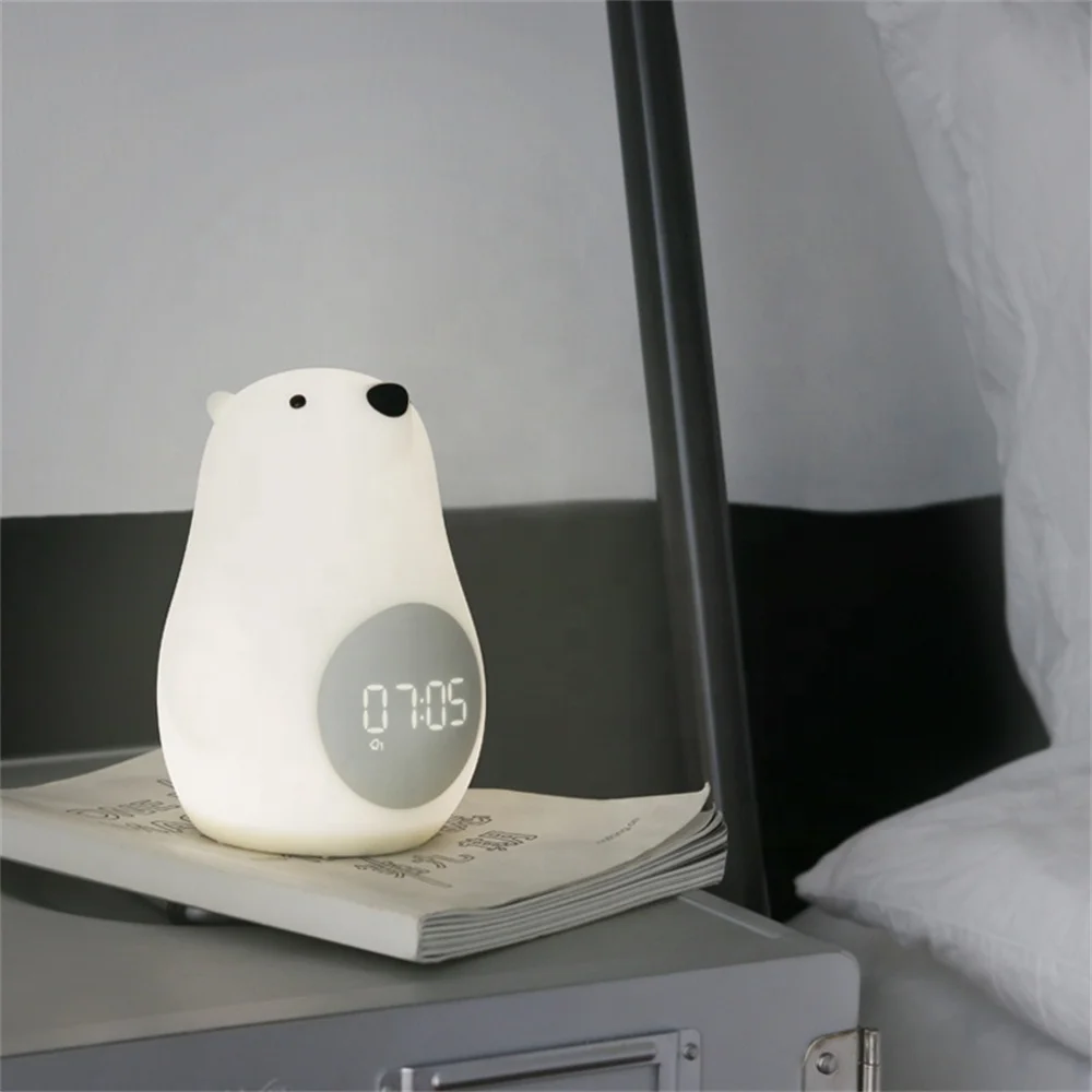 Cute Wake up bear bedroom atmosphere cartoon led Silicone voice control led clock bedside alarm clock charging night light