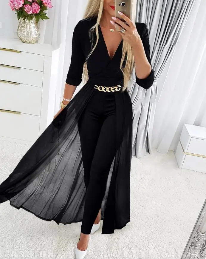 

Chain Decor Sheer Mesh Overlay Long Sleeve Jumpsuit rompers & playsuits Tight fitting woman clothing