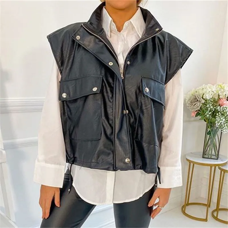 2023 Spring Faux Leather Short Casual Pu Jacket Coat Women Winter New Pockets Zipper Shrug Sleeveless Jackets Coats Woman Vest