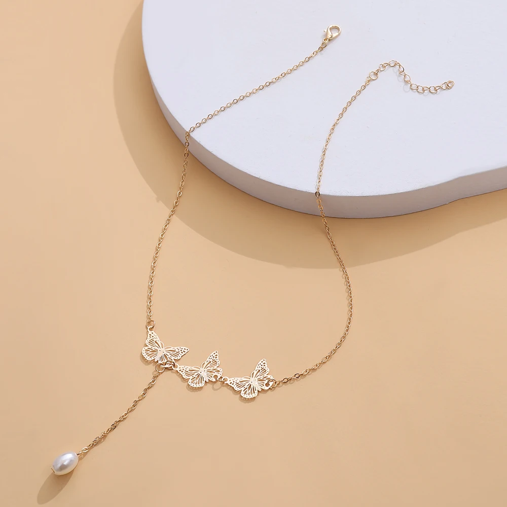 

Korean Trendy Pearl Pendant Collarbone Chain For Gril Retro Temperament Personality Net Red Butterfly Pendant Necklace Jewery
