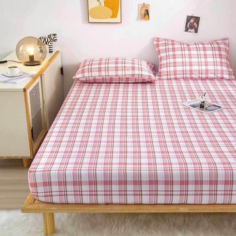 

New Muji Style Thickened Fitted Sheet Solid Plaid Colour Bed Mattress Cover Four Corners With Elastic Band For Four Seasons