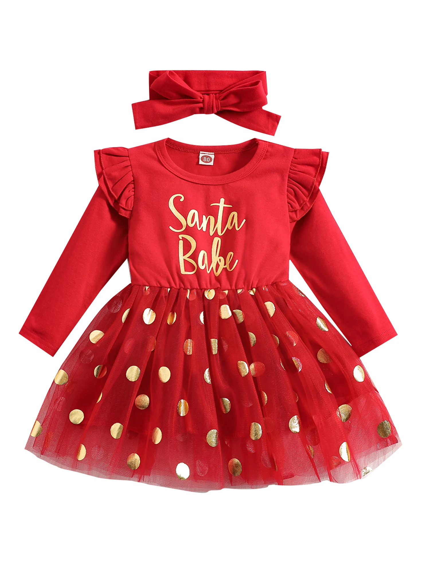 

Toddler Baby Girl Christmas Outfit Ruffle Long Sleeve Letter Print Tutu Dress Headband 2Pcs Clothes Set