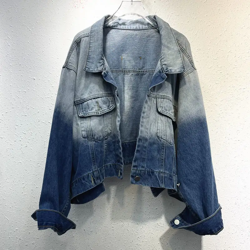 

Retro Gradient Color Loose Denim Coat Women Autumn 2022 New Korean Fashion Short Jacket Spring Autumn Solid Jackets