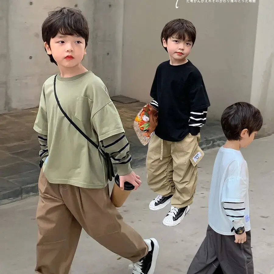 

Boys Fake Long-sleeved T-shirt 2023 New Children's Top Bottom Shirt Boys Baby Thin Pure Cotton T-shirt 2 4 6 7Y