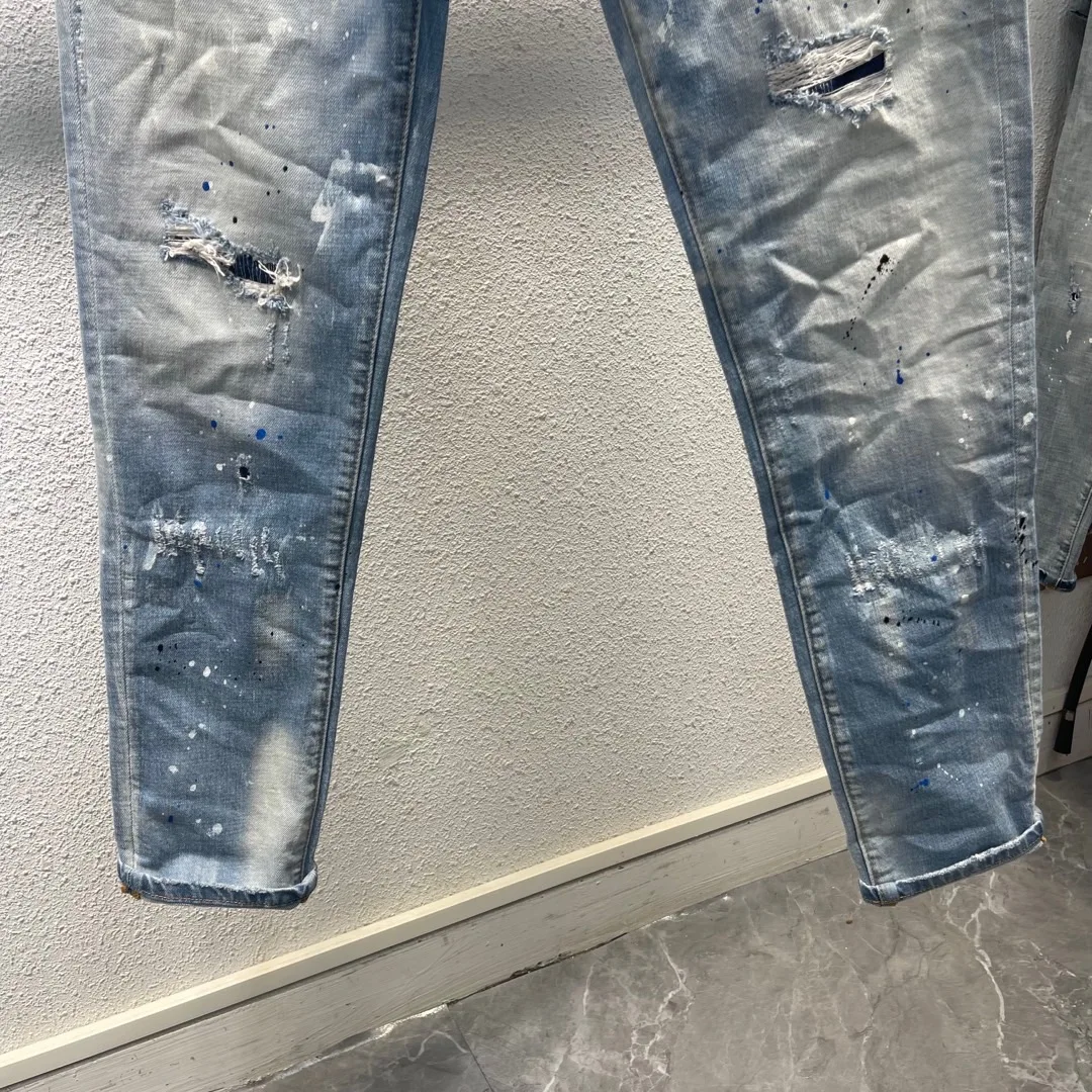 Spring/Summer 2023 New Fashion Men's Blue Speckle Jeans Fashion Wash Slightly Elastic Simple Versatile Slim-fit pants