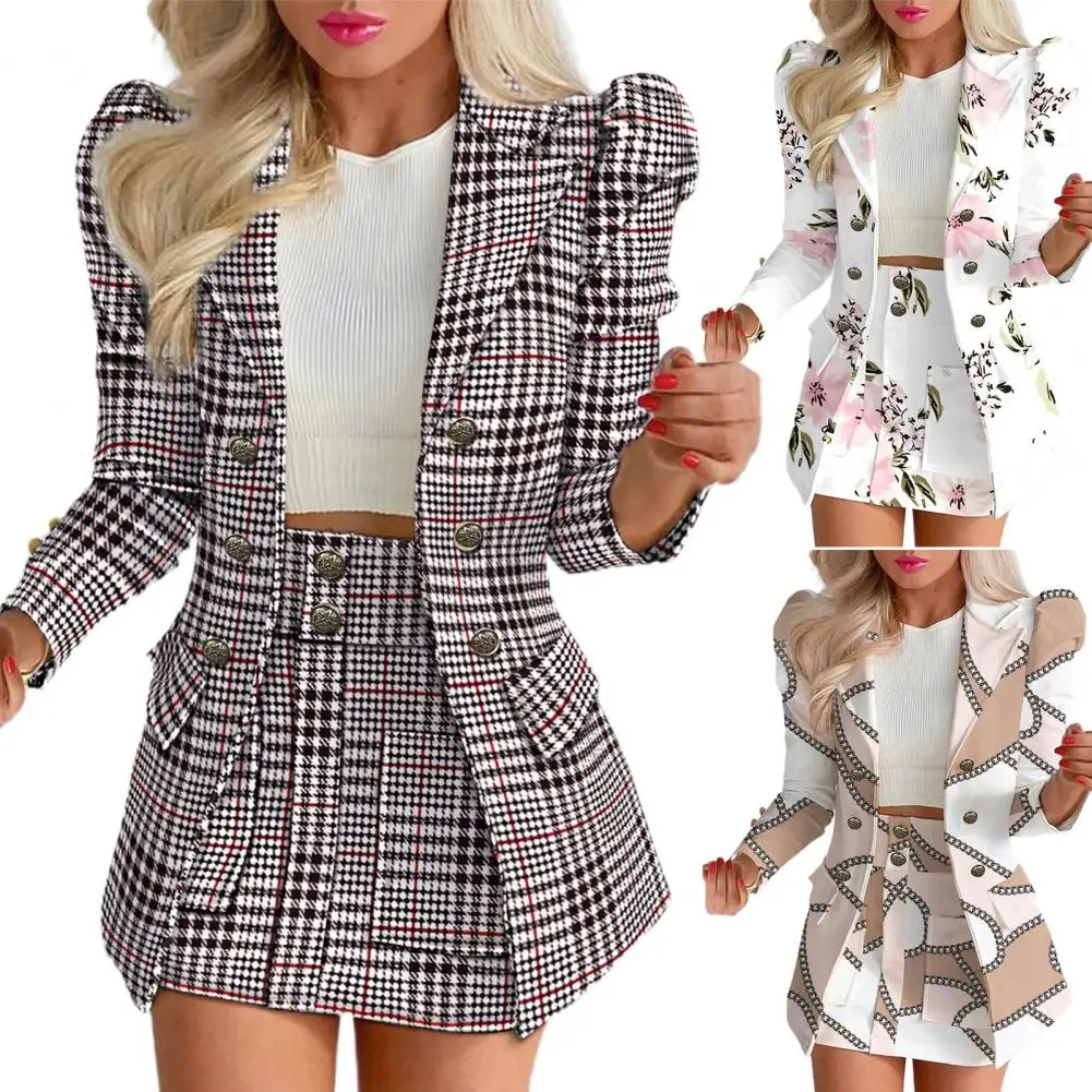 

2 Pcs/Set Coat Skirt Set Flower Check Print Long Sleeve High Waist OL Style Formal Commute Suit Lady Jacket Skirt Set