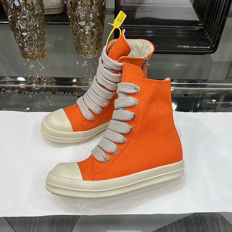 

Round Owens Orange Canvas Casual Shoes Jumbo Lace Up Men High Top Luxury Trainers Zipper Fashion Flats Sneakers Woman Plus Size