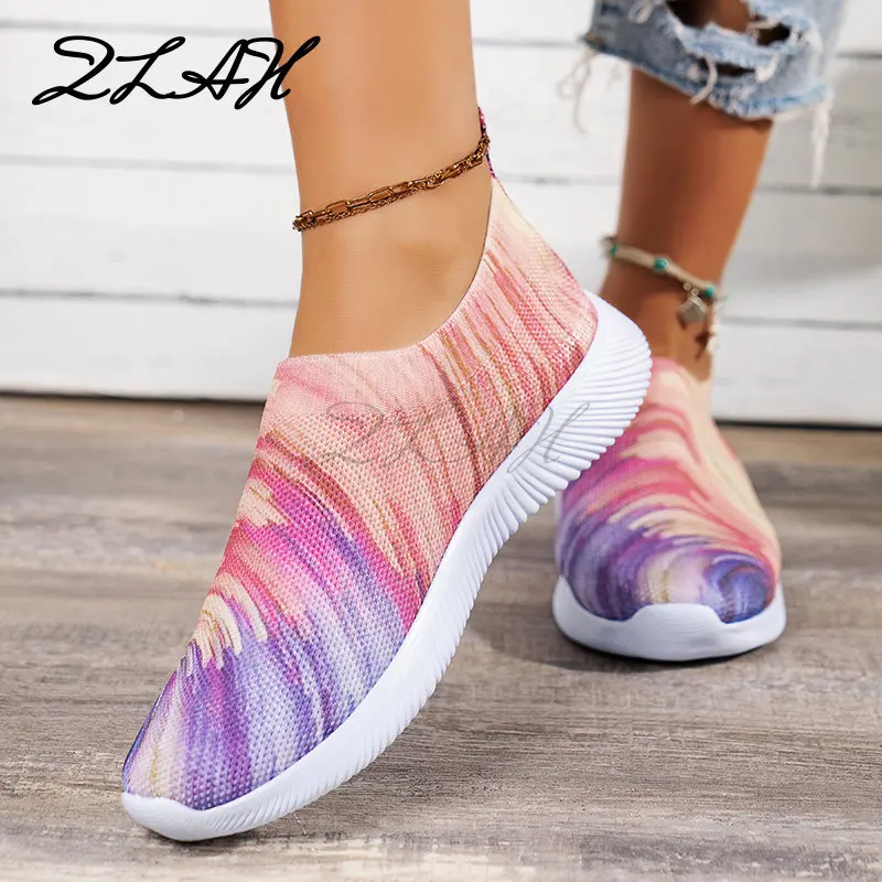 Women Shoes Vulcanized Zapatillas Mujer Knitted Sneakers Women New Flat Shoes Mix Color Vulcanize Shoes Casual Chaussure Femme