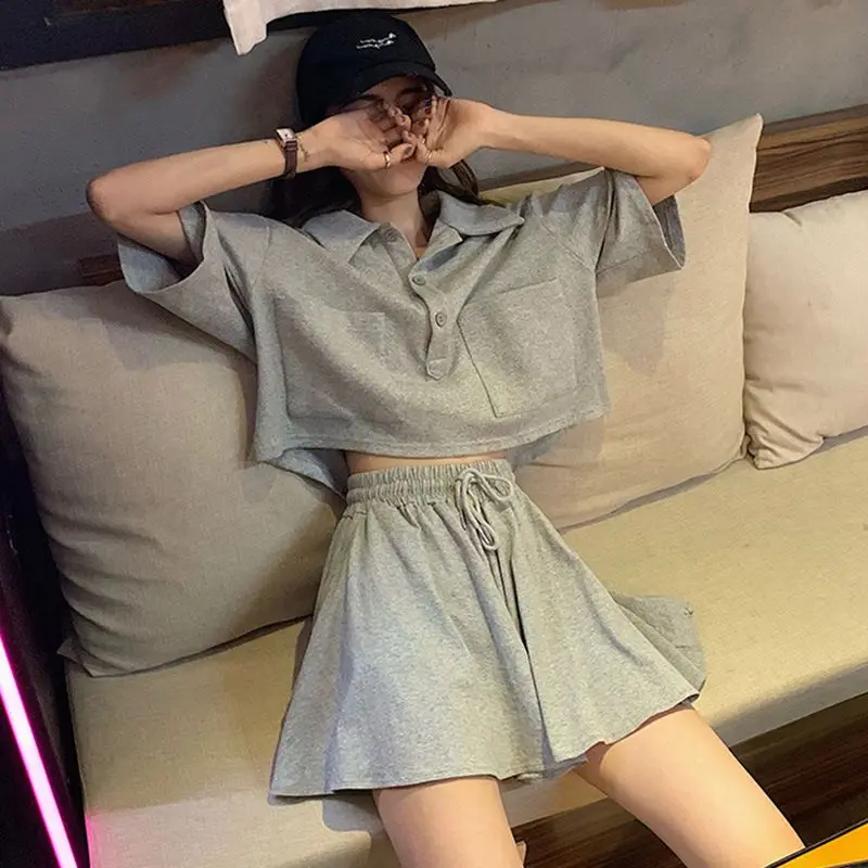 

Summer New 2 Piece Sets Women Outifits Casual Basics Solid Turn-down Collar Button Pockets Top + Elastic Waist Wide Leg Shorts