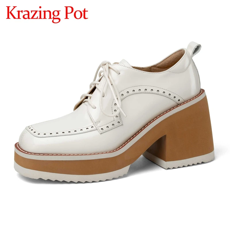 

Krazing pot natural leather square toe super high heels platform thick bottom cross-tied young lady daily wear women pumps L71
