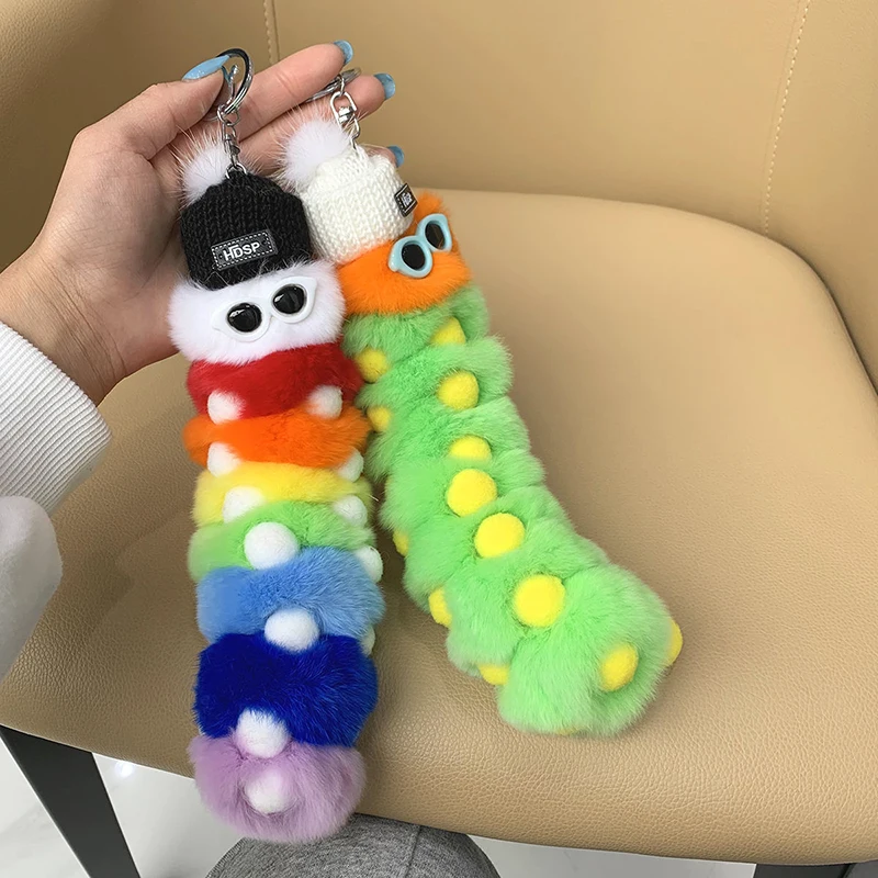 

Genuine Caterpillar Pendant Keychain Real Rex Rabbit Fur Keychain Fluffy Toy Doll Bag Car Charm Key Ring