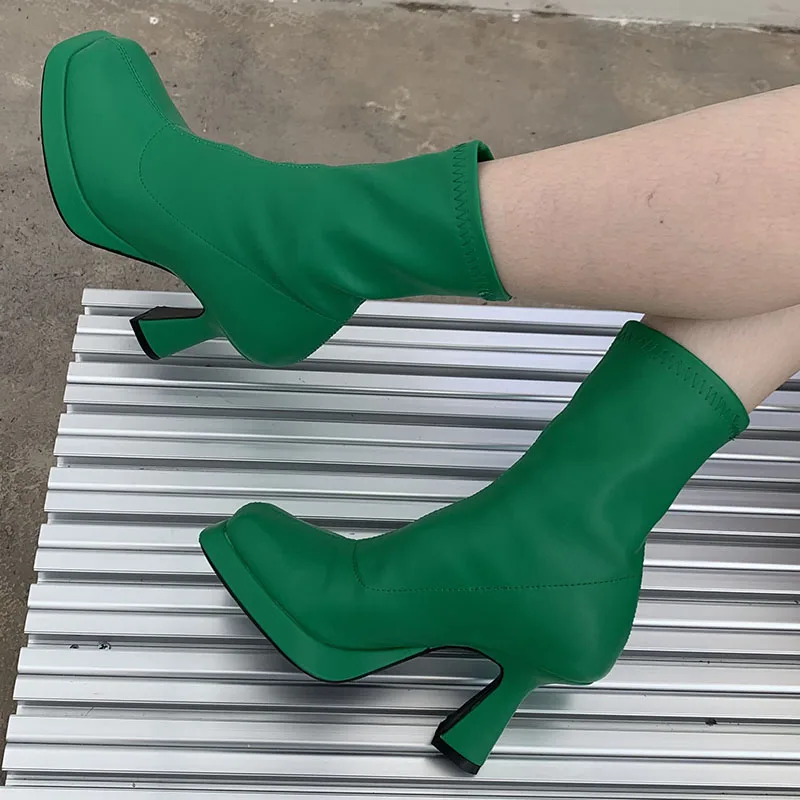 

Women Modern Boots Trend 2022 New Fashion Ladies Ankle Booties Square Toe Female Heels Pumps Shoes Slip On Woman Stretch Boots