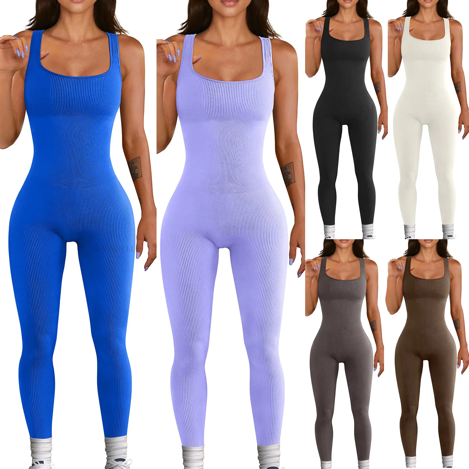 Women's Yoga Jumpsuits Ribbed One Piece Tank Tops Rompers Sleeveless Exercise Jumpsuits Female Shapers
