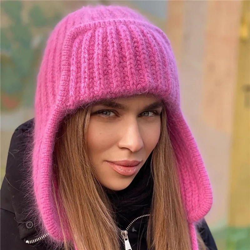 

Autumn Winter Women Knitted Bomber Hat Casual Leisure Style Solid Color Flanging Tie Up Ear Protection Windproof Warm Caps y2k