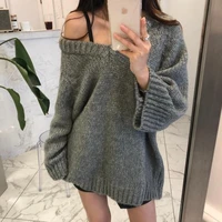 fashion women sweater 2021 korean thickening pullover autumn winter loose casual solid color bat sleeves lazy v neck sweaters