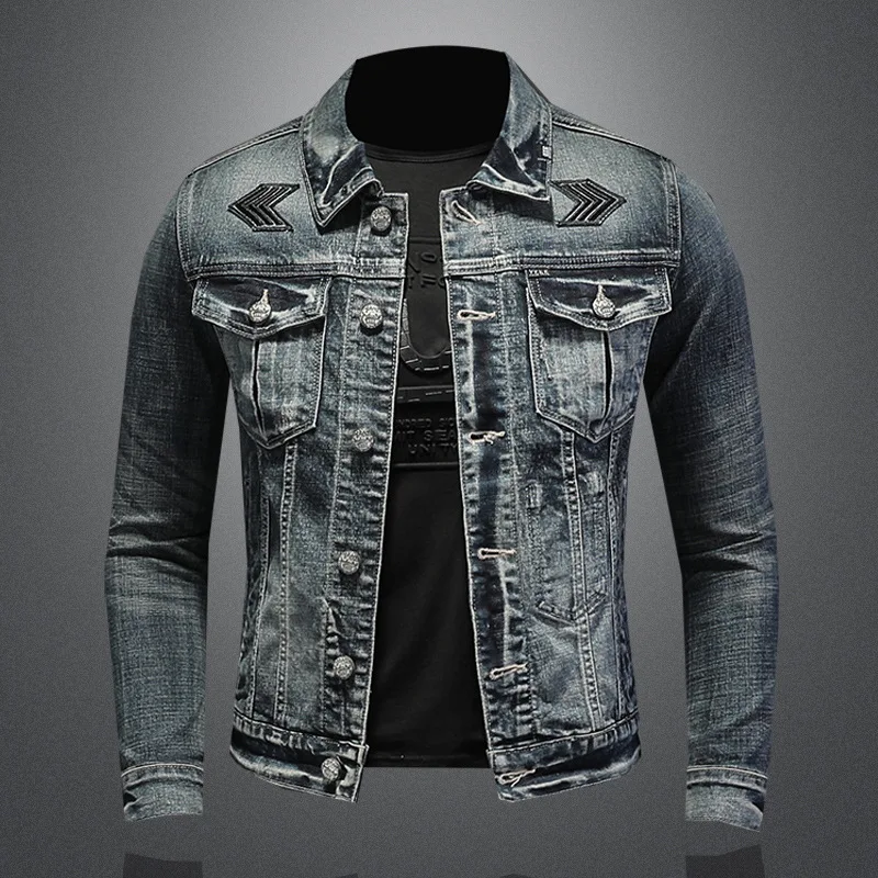 

High Street Denim Jackets Fashion Mens Button Coats Retro Black Designer Brand Ripped Jean Turndown Collar Hip Hop Biker Clothes