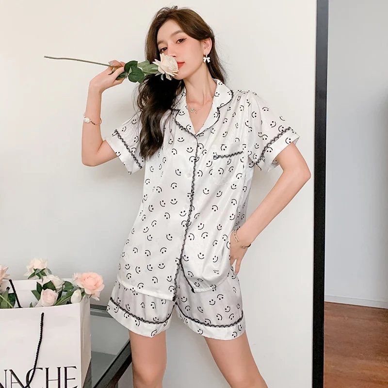 

Summer New Style Pajamas Women's Ice Silk Short Sleeve Love Cartoon Print Home Clothes Set Pijama