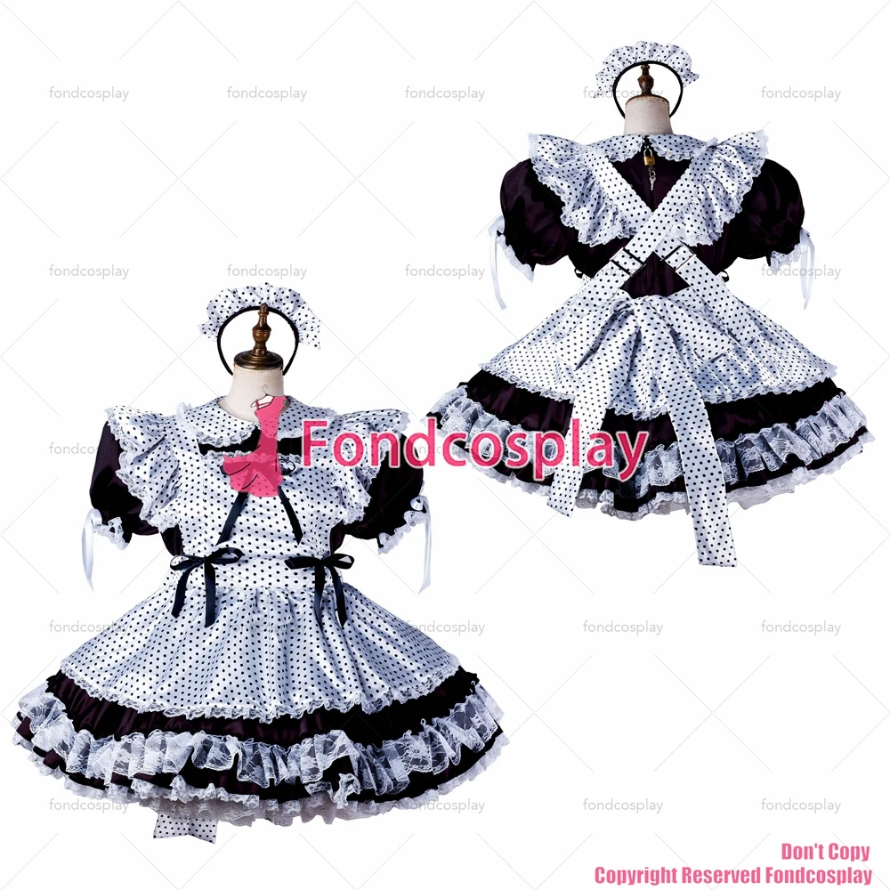 

tailor-made sexy adult dressing cross maid sissy black satin dress lockable uniform white dots apron costume tv/cd[g2204]