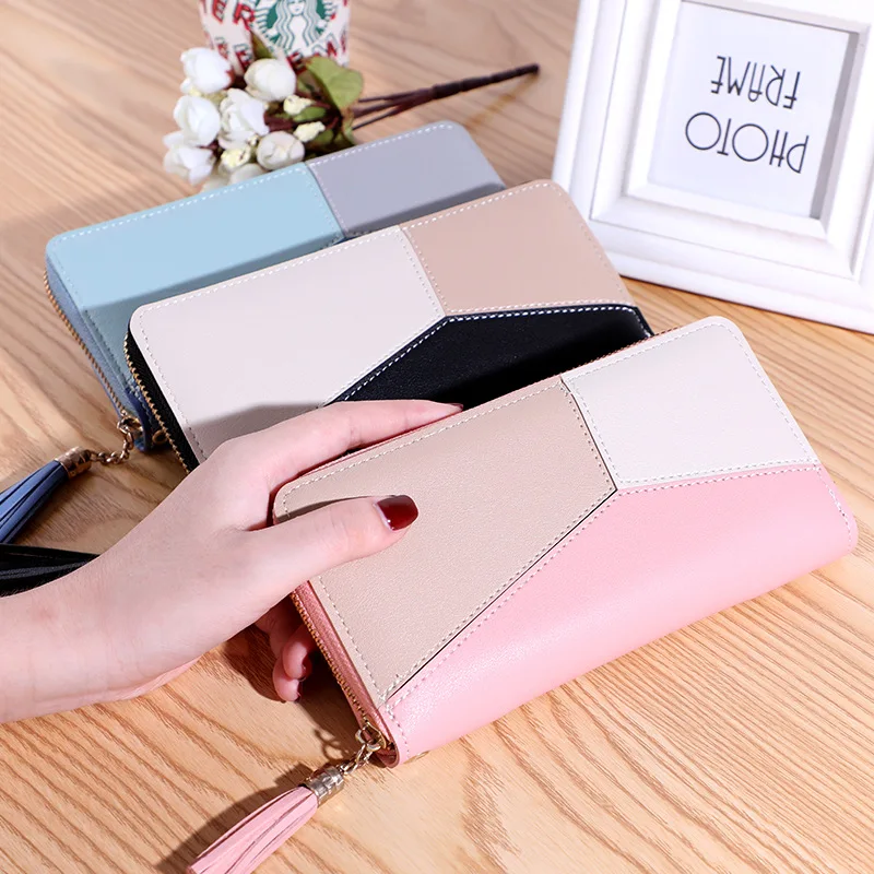 QUEENSHOW Fashion Geometric Women's Wallet Female PU Leather Card Holder Long Zipper Wrist Purses Tassel Design Clutch Wallet