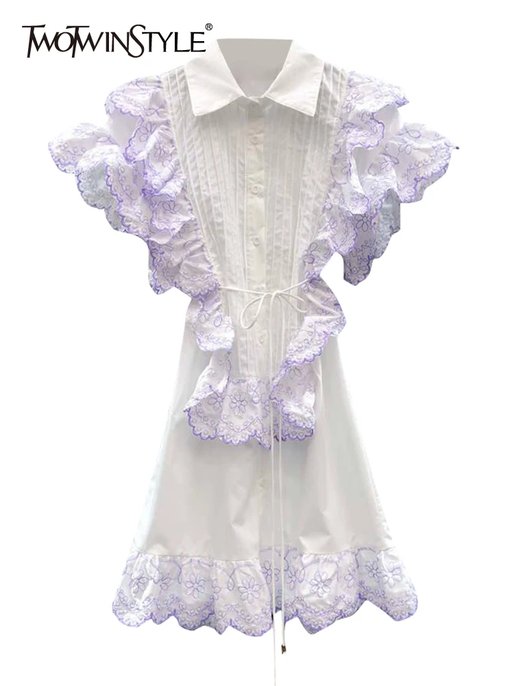 

TWOTWINSTYLE Casual Embroidery Dress For Women Lapel Flying Sleeve High Waist Colorblock Mini Dresses Female Summer Clothes New