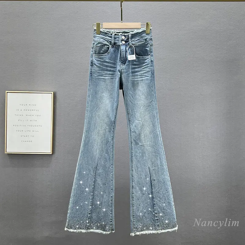 

Rhinestone Denim Bell-Bottom Pants Women's Trendy 2023 New Spring Summer Stretchy High Waist Slimming Mop Pants Blue Jeans