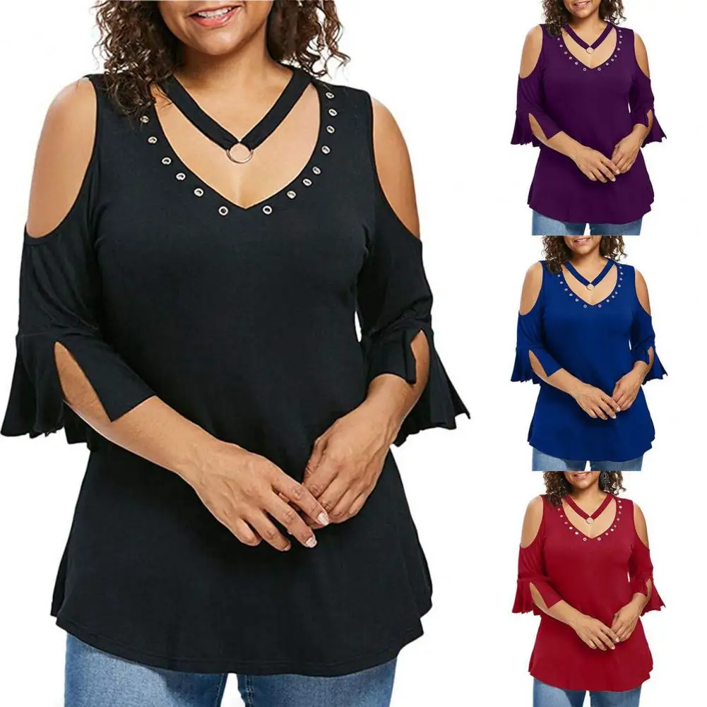 

V-neck Short Sleeve Split Cuffs Basic Top Hollow Out Cold Shoulder Women Blouse Female Clothing